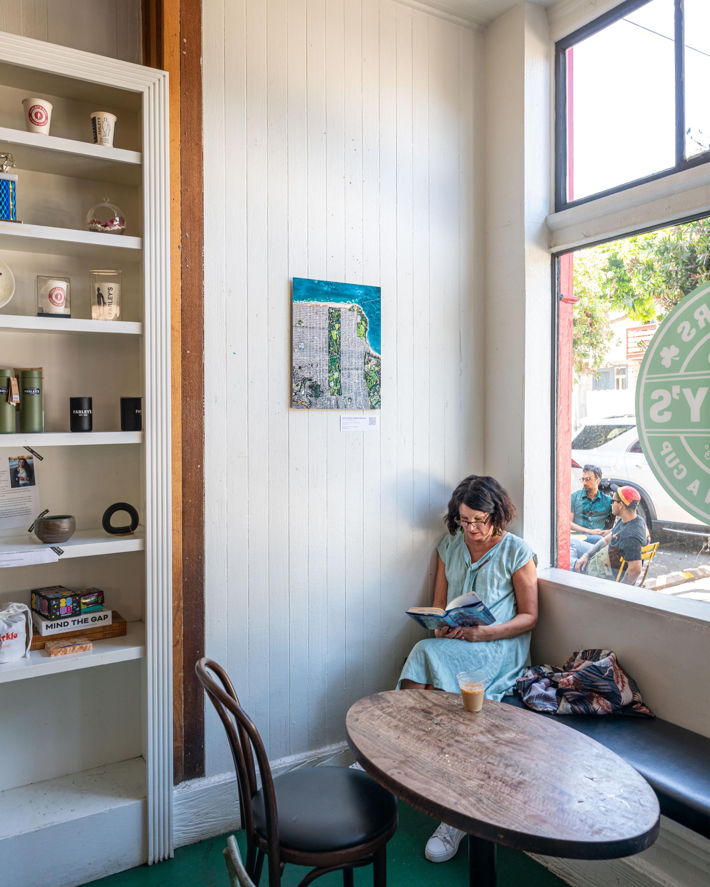 Farley's Potrero Hill Coffee Shop reading window with photos by Kevin Hou (Artist of the Month, August 2024)