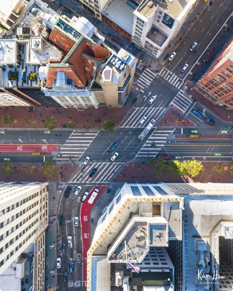 Downtown San Francisco Birds Eye View Top Down Powell Street Intersection Drone