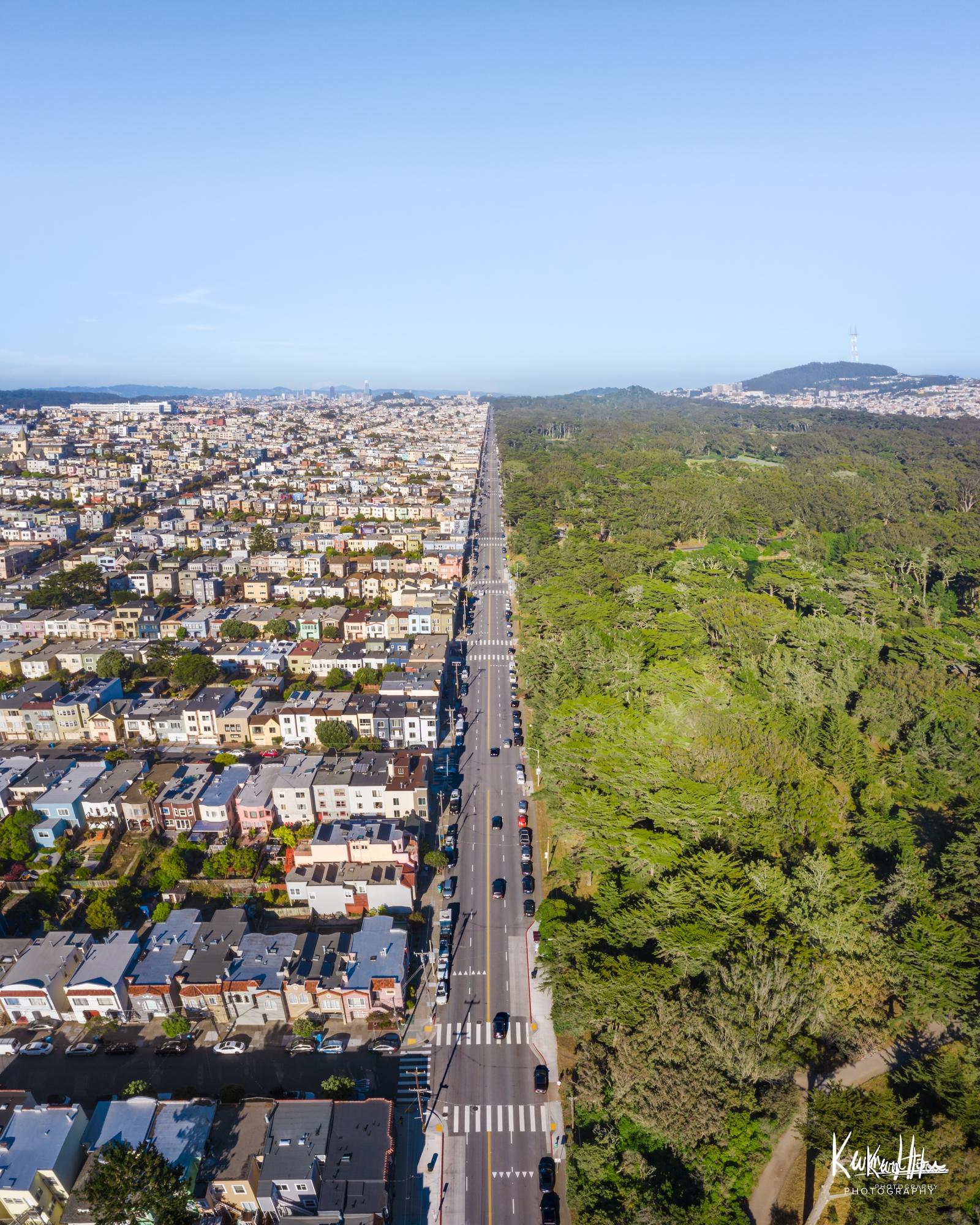 Looking Down Fulton Street Vertical Drone