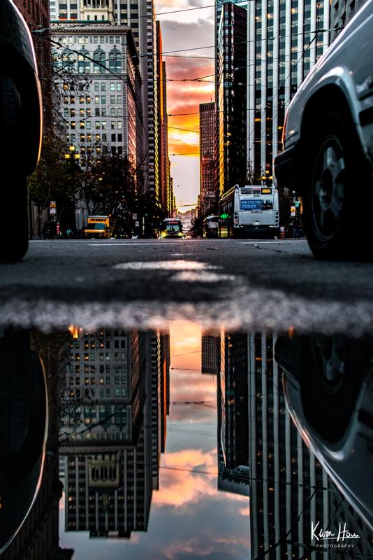 Looking Down Market Street Puddle Sunset
