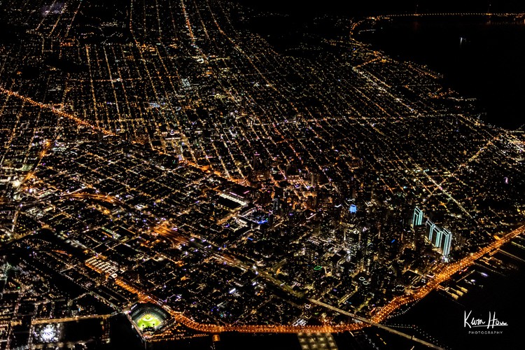 San Francisco Downtown from Airplane at Night (Landscape)