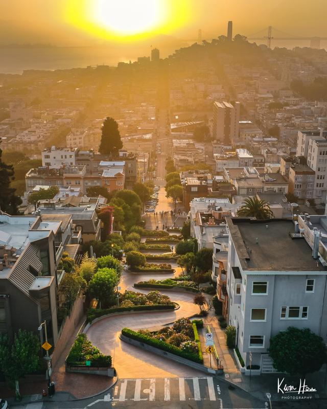 San Francisco Lombard Street Sunrise Drone Vertical