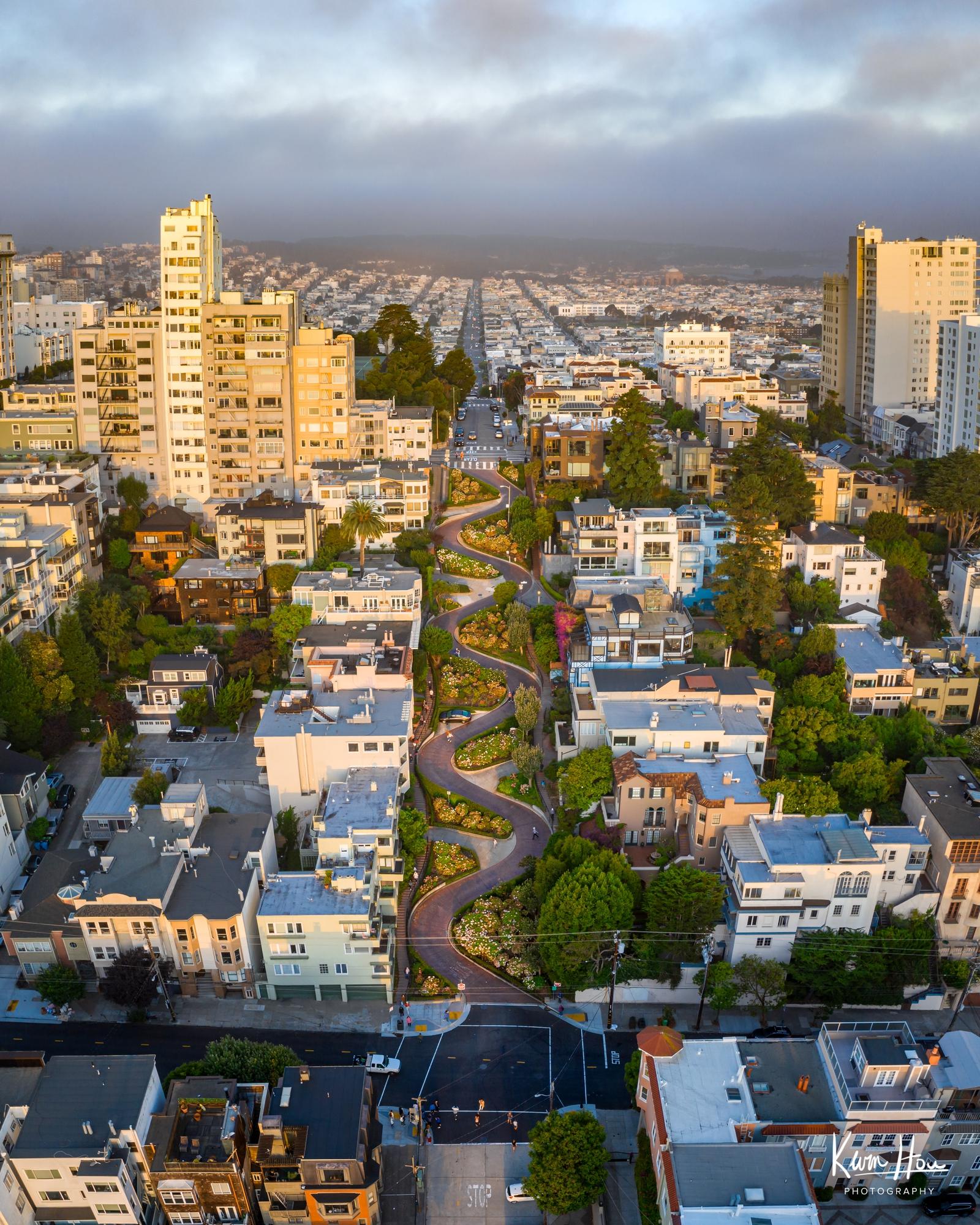 Sunrise Lombard Street Drone Head On Vertical