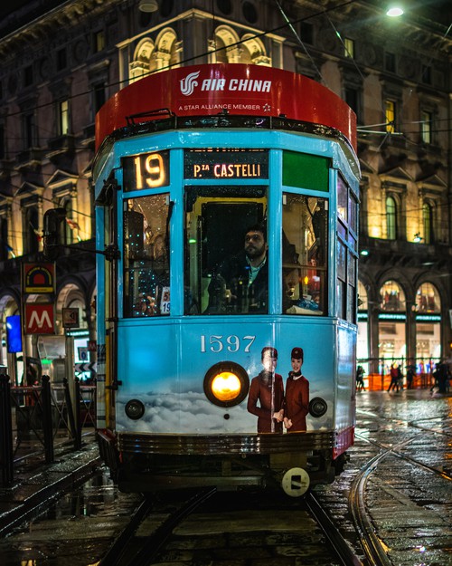 Trolley in Milan, Italy in Rain