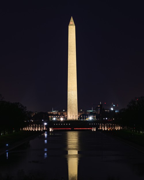 Washington Monument in Front of Lincoln Memorial At Night