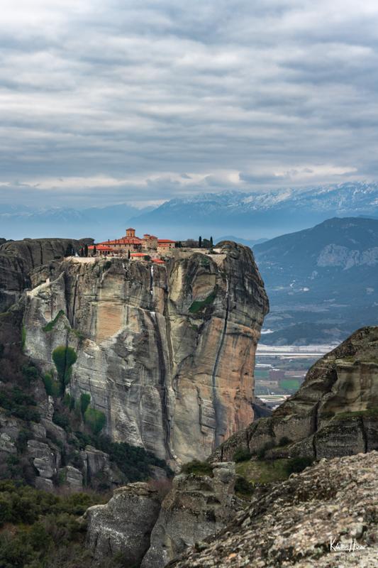Meteora Monastery Perched Atop Cliff (Portrait)