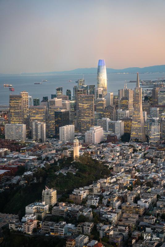 Coit Tower with San Francisco Skyline from Plane